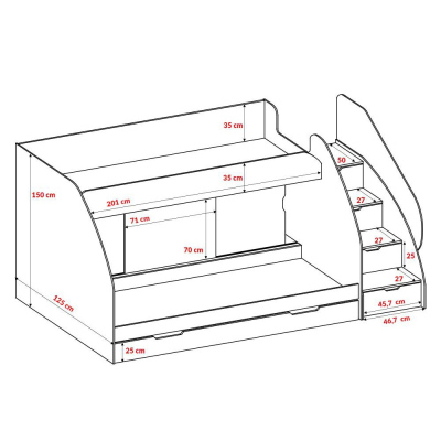 Dětská patrová postel se schody a šuplíky MAXMILIAN - bílá / šedá