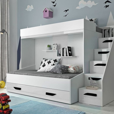 Levné Patrové postele pro děti: Dětská patrová postel s úložným prostorem Derry - bílá/černé úchyty