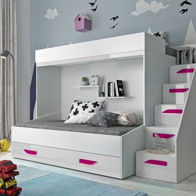 Levné Patrové postele pro děti: Dětská patrová postel s úložným prostorem Derry - bílá/růžové úchyty