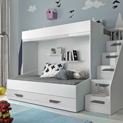 Dětská patrová postel s úložným prostorem Derry - bílá/šedé úchyty
