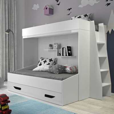 Levné Patrové postele pro děti: Patrová postel s úložným prostorem Lada - bílá/černé úchyty