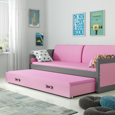 Dětská postel s přistýlkou a matracemi 90x200 GEORGINA - grafit / růžová