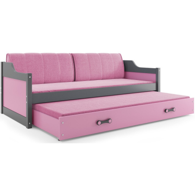 Dětská postel s přistýlkou a matracemi 90x200 GEORGINA - grafit / růžová