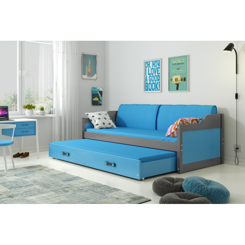 Dětská postel s přistýlkou a matracemi 90x200 GEORGINA - grafit / modrá