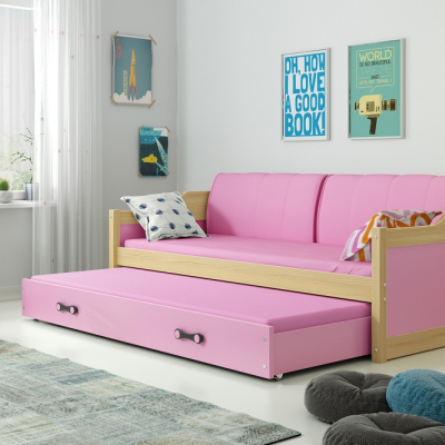 Dětská postel s přistýlkou a matracemi 90x200 GEORGINA - borovice / růžová