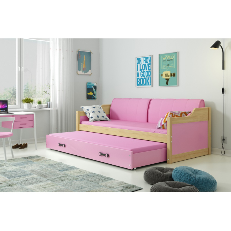 Dětská postel s přistýlkou a matracemi 90x200 GEORGINA - borovice / růžová