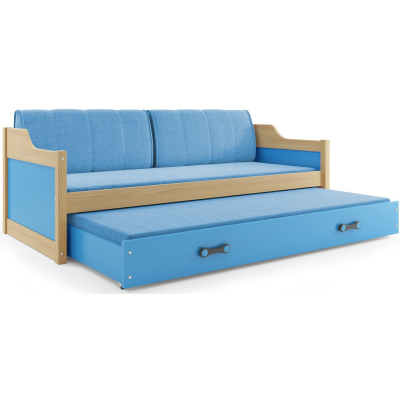 Dětská postel s přistýlkou a matracemi 90x200 GEORGINA - borovice / modrá