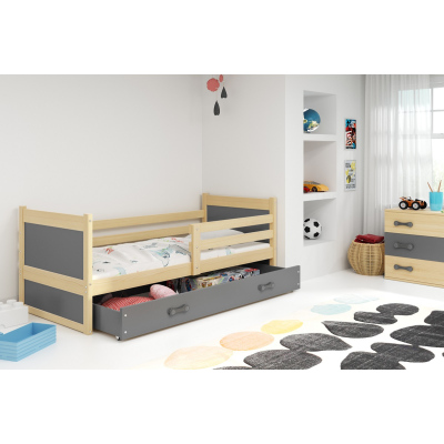 Dětská postel s úložným prostorem s matrací 90x200 FERGUS - borovice / grafit
