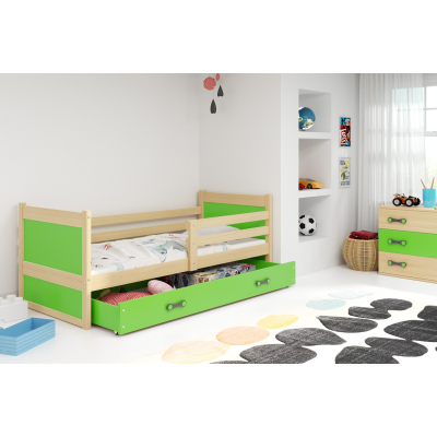 Dětská postel s úložným prostorem bez matrace 90x200 FERGUS - borovice / zelená