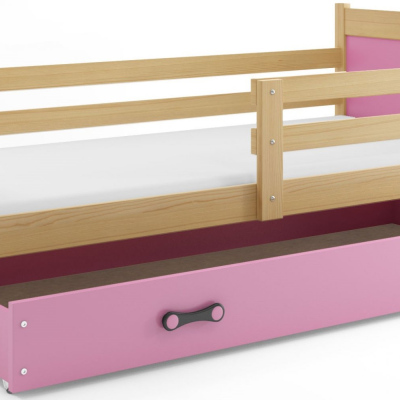 Dětská postel s úložným prostorem s matrací 90x200 FERGUS - borovice / růžová