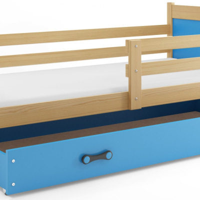 Dětská postel s úložným prostorem s matrací 90x200 FERGUS - borovice / modrá