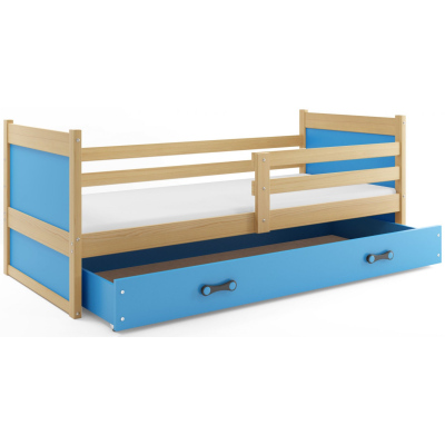 Dětská postel s úložným prostorem s matrací 90x200 FERGUS - borovice / modrá