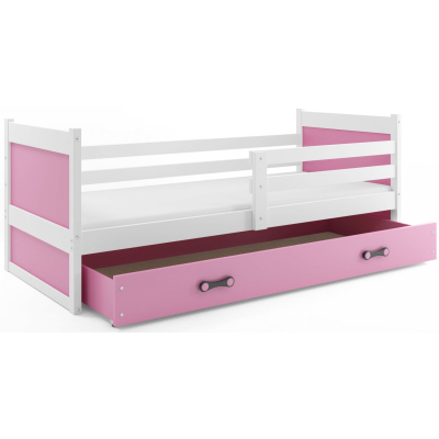 Dětská postel s úložným prostorem s matrací 90x200 FERGUS - bílá / růžová