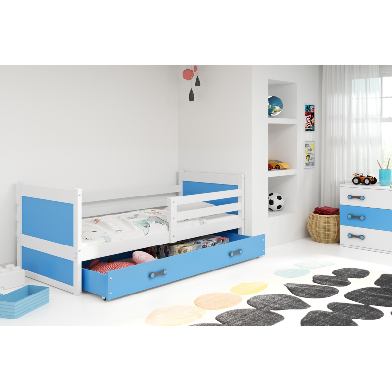 Dětská postel s úložným prostorem s matrací 90x200 FERGUS - bílá / modrá