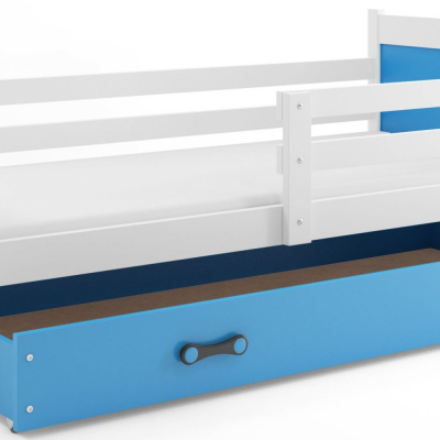 Dětská postel s úložným prostorem s matrací 90x200 FERGUS - bílá / modrá
