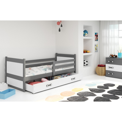 Dětská postel s úložným prostorem s matrací 90x200 FERGUS - grafit / bílá
