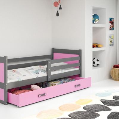 Dětská postel s úložným prostorem s matrací 90x200 FERGUS - grafit / růžová