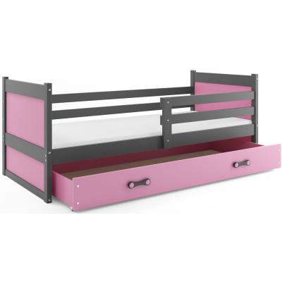 Dětská postel s úložným prostorem bez matrace 90x200 FERGUS - grafit / růžová