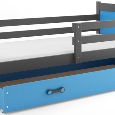 Dětská postel s úložným prostorem s matrací 90x200 FERGUS - grafit / modrá