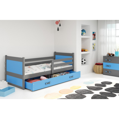 Dětská postel s úložným prostorem s matrací 90x200 FERGUS - grafit / modrá
