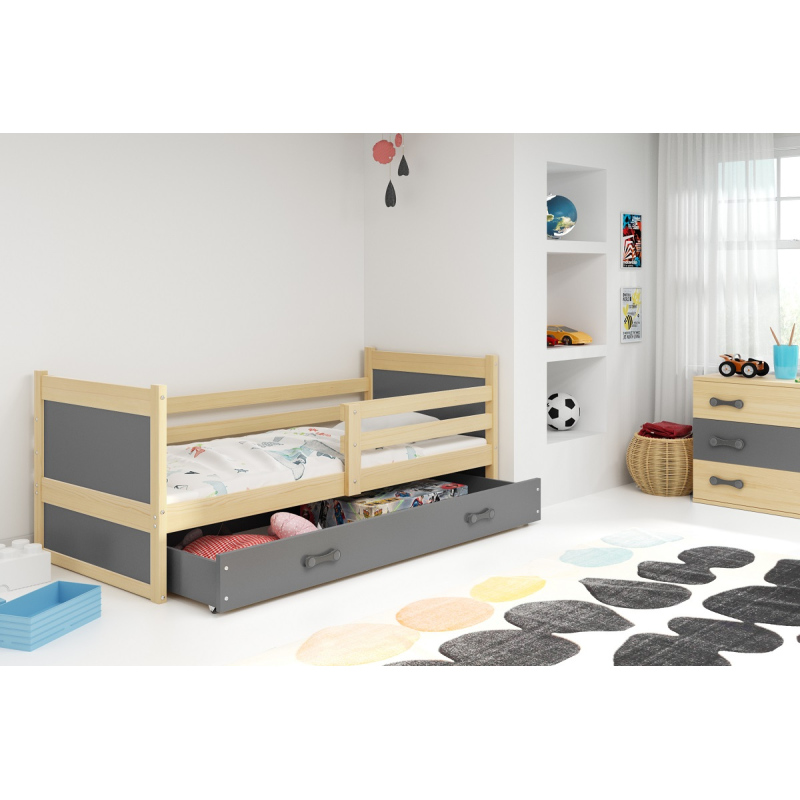 Dětská postel s úložným prostorem s matrací 80x190 FERGUS - borovice / grafit