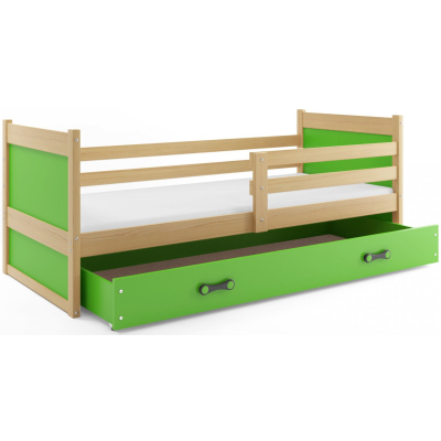 Dětská postel s úložným prostorem s matrací 80x190 FERGUS - borovice / zelená