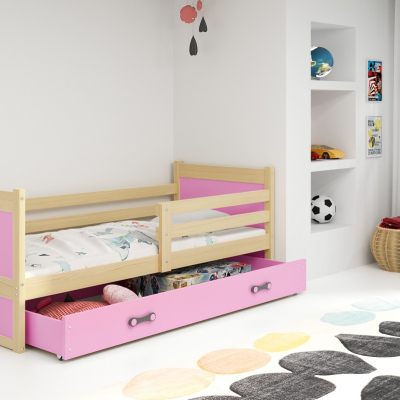 Dětská postel s úložným prostorem s matrací 80x190 FERGUS - borovice / růžová