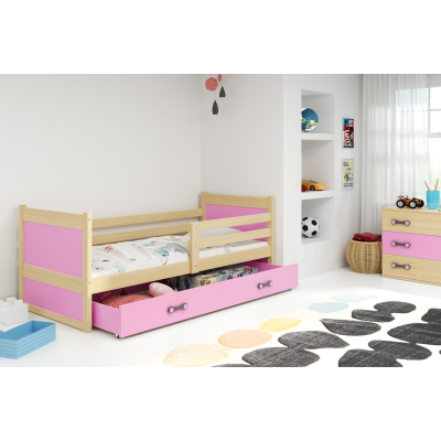 Dětská postel s úložným prostorem s matrací 80x190 FERGUS - borovice / růžová
