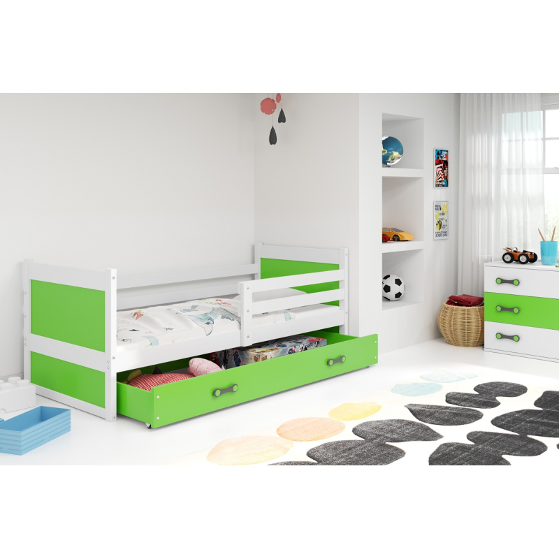 Dětská postel s úložným prostorem s matrací 80x190 FERGUS - bílá / zelená
