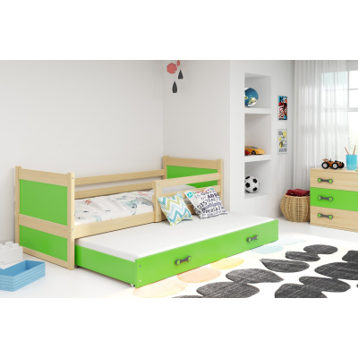 Dětská postel s přistýlkou a matracemi 90x200 FERGUS - borovice / zelená