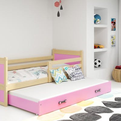 Dětská postel s přistýlkou a matracemi 90x200 FERGUS - borovice / růžová