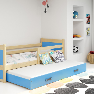 Dětská postel s přistýlkou a matracemi 90x200 FERGUS - borovice / modrá