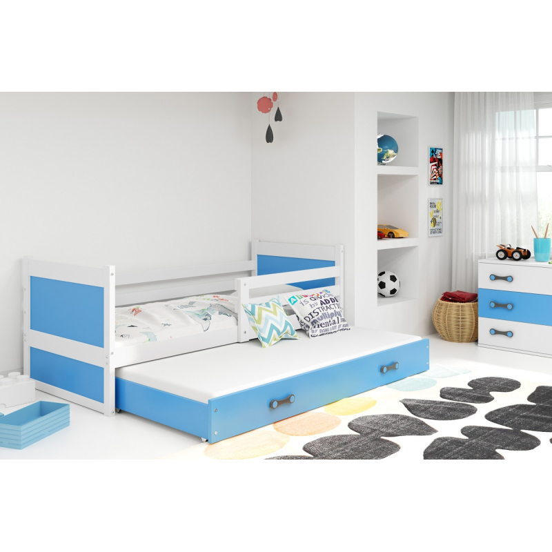 Dětská postel s přistýlkou a matracemi 90x200 FERGUS - bílá / modrá