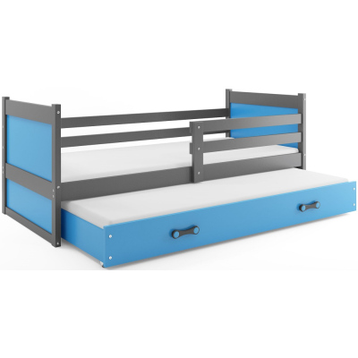 Dětská postel s přistýlkou a matracemi 90x200 FERGUS - grafit / modrá