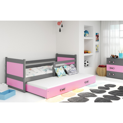 Dětská postel s přistýlkou a matracemi 80x190 FERGUS - grafit / růžová