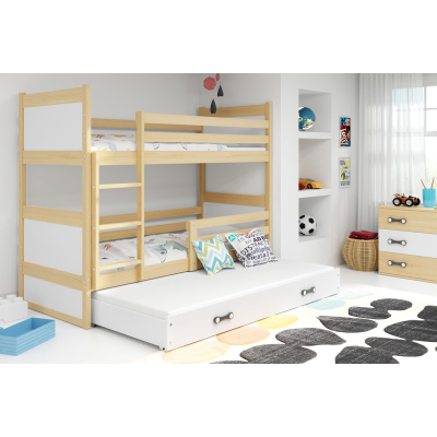 Dětská patrová postel s přistýlkou a matracemi 90x200 FERGUS - borovice / bílá