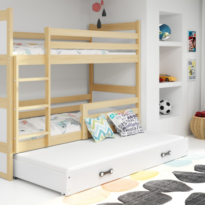 Dětská patrová postel s přistýlkou bez matrací 90x200 FERGUS - borovice / bílá