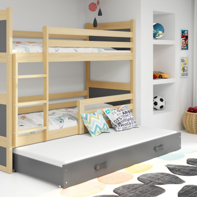 Dětská patrová postel s přistýlkou a matracemi 90x200 FERGUS - borovice / grafit