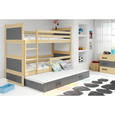 Dětská patrová postel s přistýlkou a matracemi 90x200 FERGUS - borovice / grafit