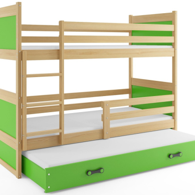 Dětská patrová postel s přistýlkou a matracemi 90x200 FERGUS - borovice / zelená