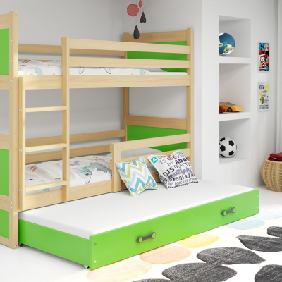 Dětská patrová postel s přistýlkou a matracemi 90x200 FERGUS - borovice / zelená