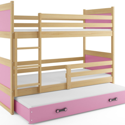 Dětská patrová postel s přistýlkou a matracemi 90x200 FERGUS - borovice / růžová