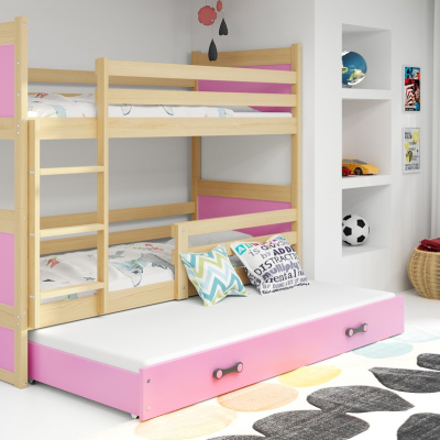 Dětská patrová postel s přistýlkou a matracemi 90x200 FERGUS - borovice / růžová