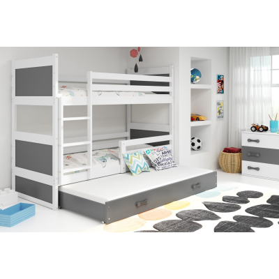 Dětská patrová postel s přistýlkou a matracemi 90x200 FERGUS - bílá / grafit