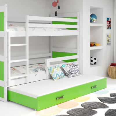 Dětská patrová postel s přistýlkou a matracemi 90x200 FERGUS - bílá / zelená