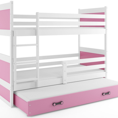 Dětská patrová postel s přistýlkou a matracemi 90x200 FERGUS - bílá / růžová