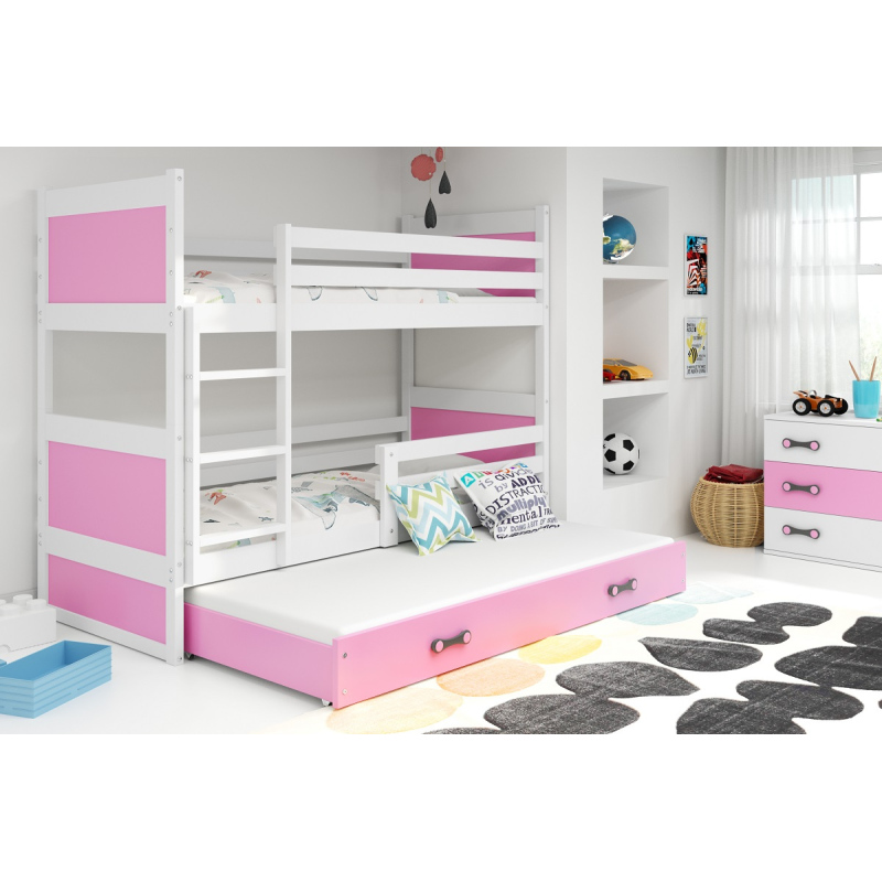 Dětská patrová postel s přistýlkou a matracemi 90x200 FERGUS - bílá / růžová
