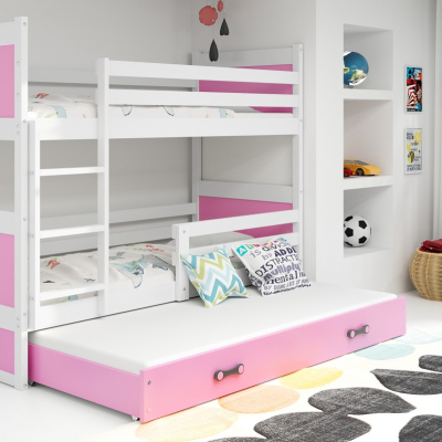 Dětská patrová postel s přistýlkou bez matrací 90x200 FERGUS - bílá / růžová