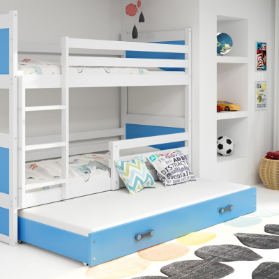Dětská patrová postel s přistýlkou a matracemi 90x200 FERGUS - bílá / modrá