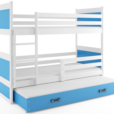 Dětská patrová postel s přistýlkou bez matrací 90x200 FERGUS - bílá / modrá